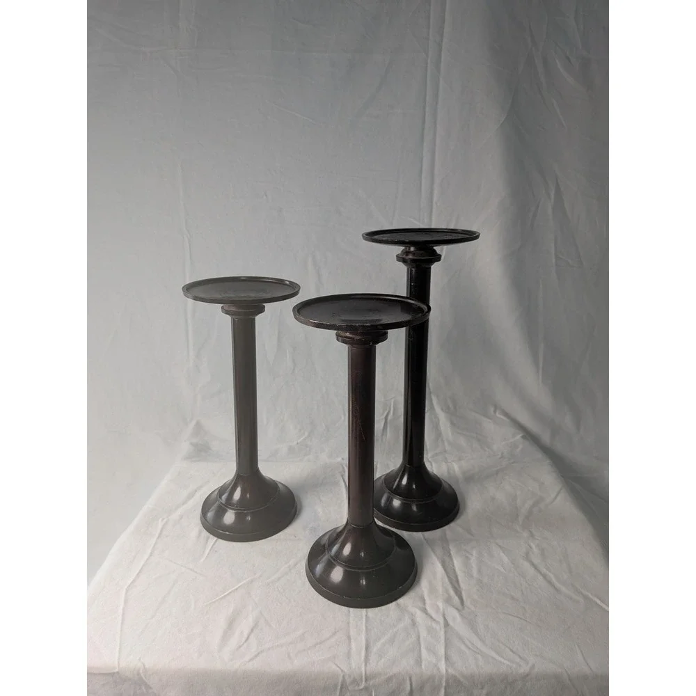 Set of 3 Dark Bronze Metal Pillar Candle Holders Graduated Heights Modern Decor